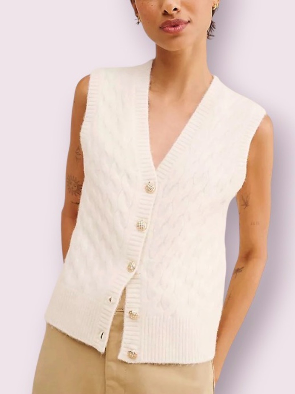 Bishop + Young Estella Cable Knit Grandpa Vest Cream Size Small